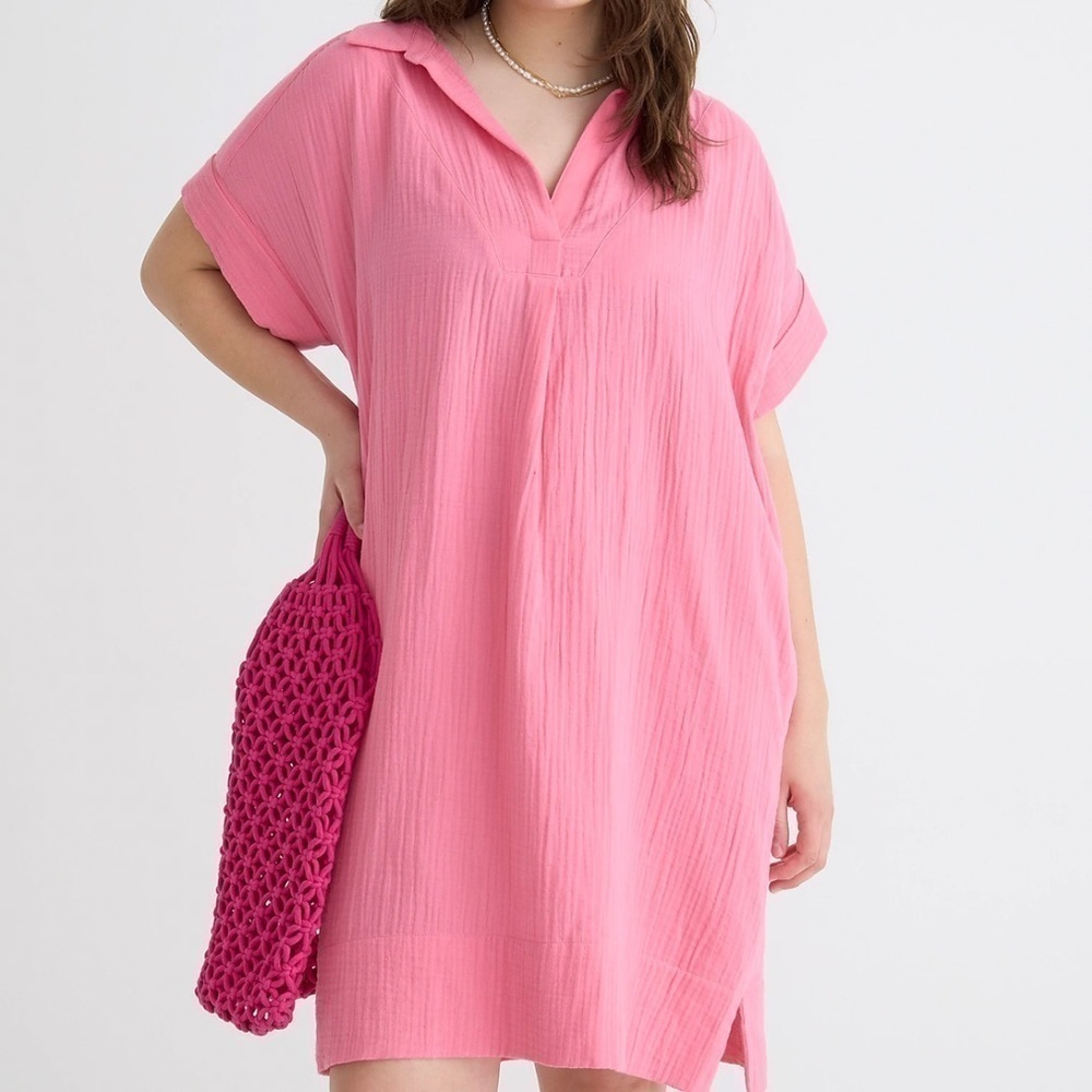 J crew vneck shirt dress soft gauze pink rose Barbie short sleeves